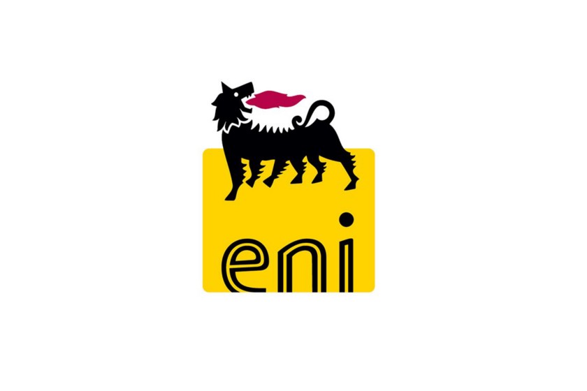 Black and red Eni dog logo on a yellow square with the word 'Eni'