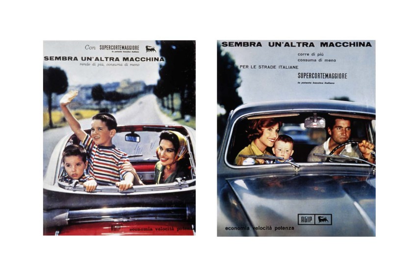 Due pubblicità della benzina Supercortemaggiore in esposizione 