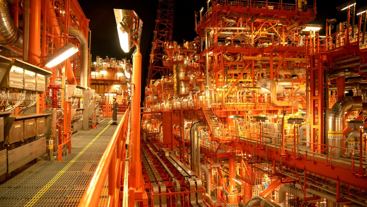 The illuminated interior of Coral Sul at night