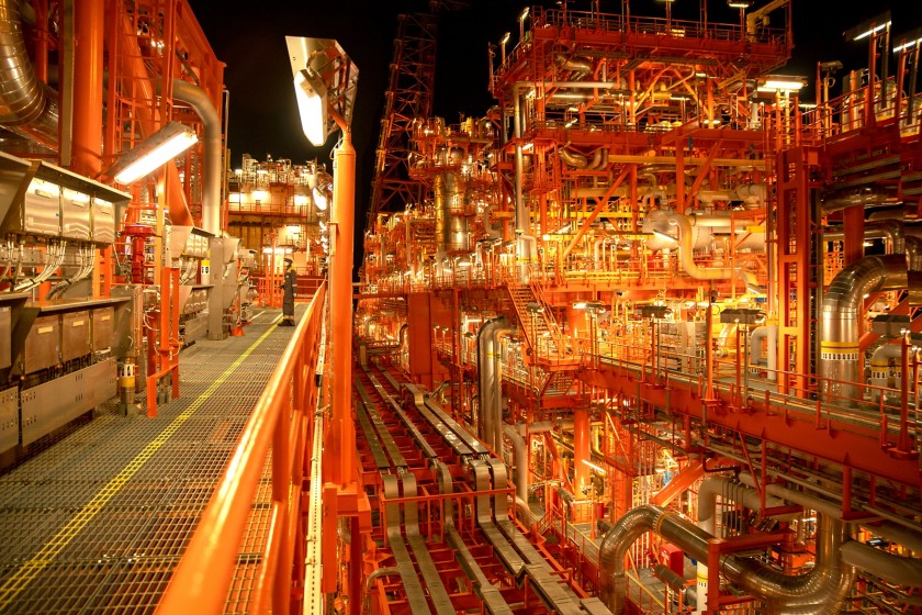 The illuminated interior of Coral Sul at night