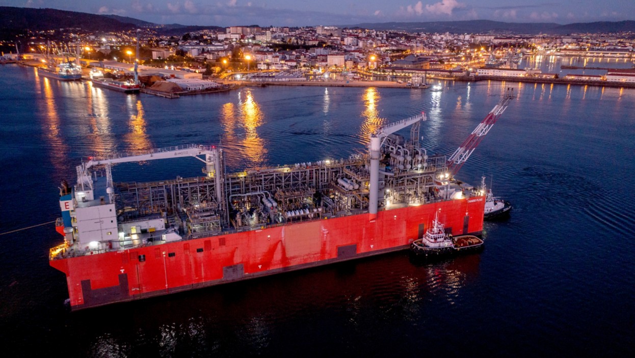 Tango FLNG moored in the illuminated port