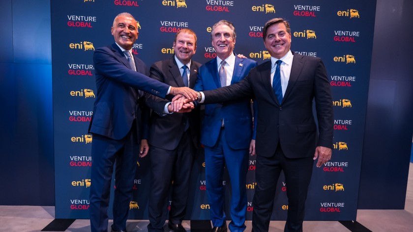 Nella foto, da sinistra, Guido Brusco, COO Natural Resources di Eni, Mike Sabel, CEO Executive Co-Chairman & Founder di Global Venture, Tilman Fertitta, US Ambassador to Italy e Brian Sullivan, Anchor & Senior National Correspondent CNBC