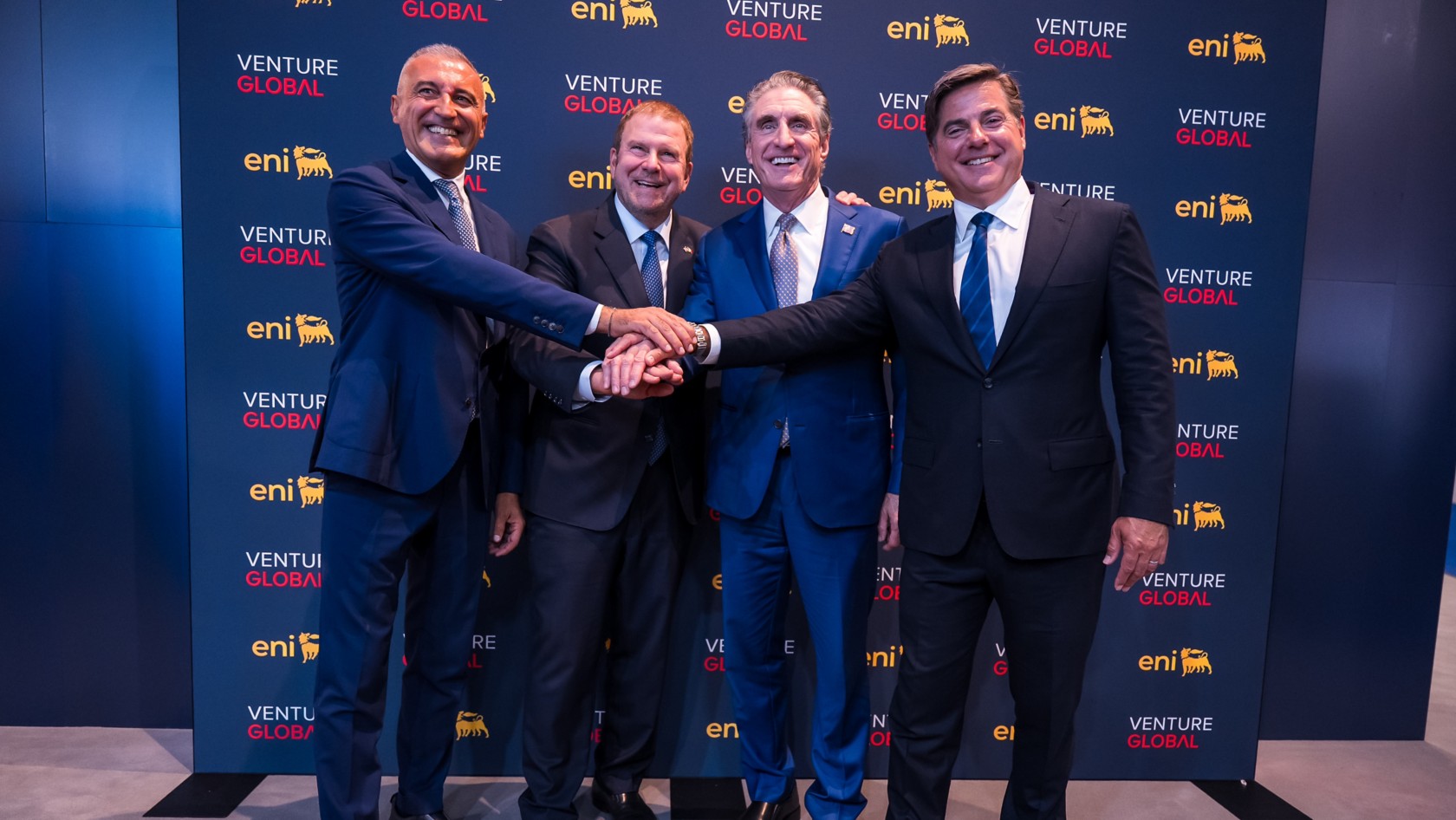 In the photo, from left, Guido Brusco, COO Natural Resources of Eni, Mike Sabel, CEO Executive Co-President and Founder of Global Venture, Tilman Fertitta, United States Ambassador to Italy and Brian Sullivan, Senior National Conductor and Correspondent CNBC 