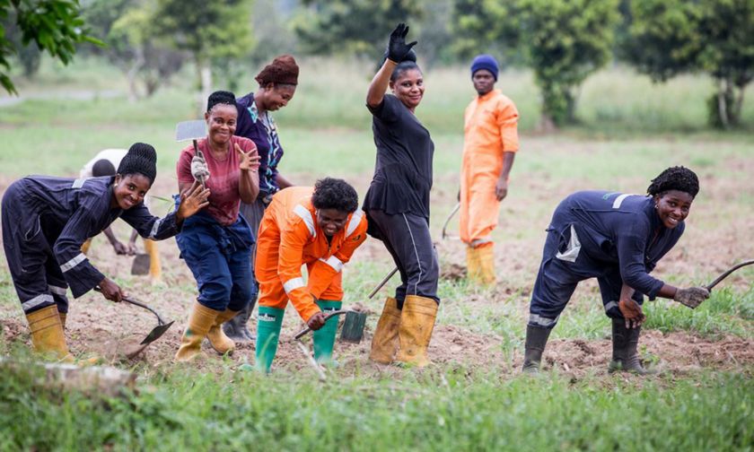 Donne africane sorridono in un campo agricolo mentre lavorano la terra