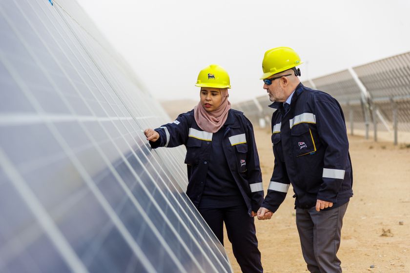 Tunisian woman and man workers check solar panel