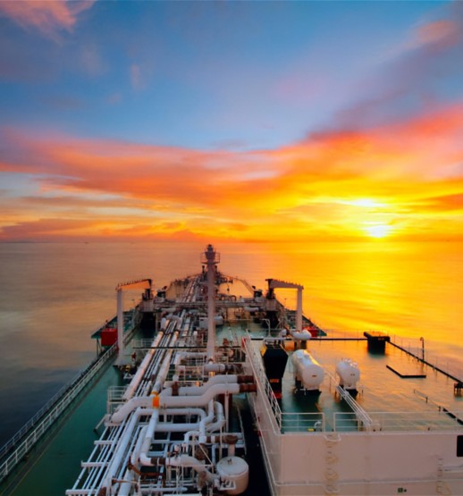Ship at sunset over the sea.