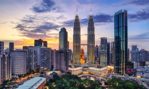 Panoramic night view of the Petronas Towers in Kuala Lampur, Malaysia