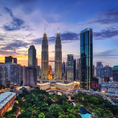 Panoramic night view of the Petronas Towers in Kuala Lampur, Malaysia