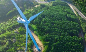 Wind turbines on green hills