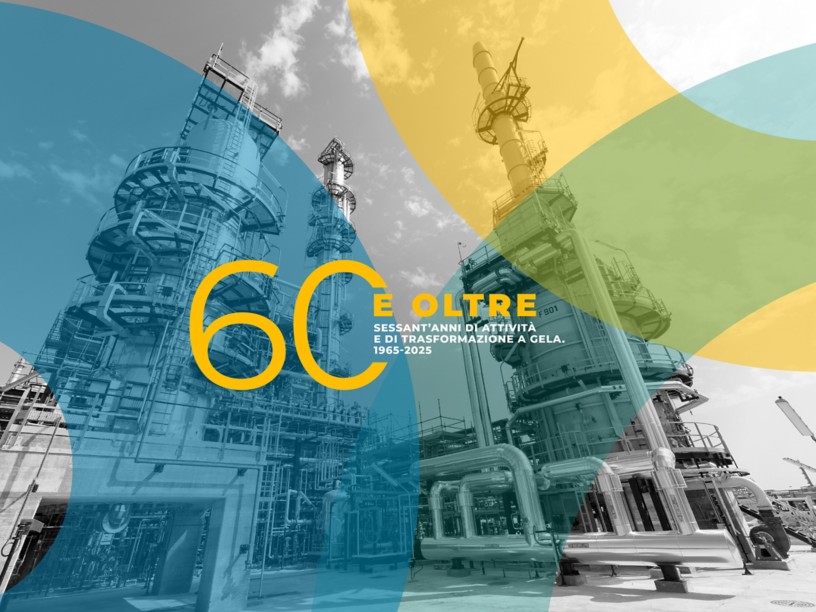 Grafica evento Gela 60 anni, impianti industriali in bianco e nero con sovrapposizione di forme colorate e testo: 60 anni di attività e trasformazione, 1965-2025.