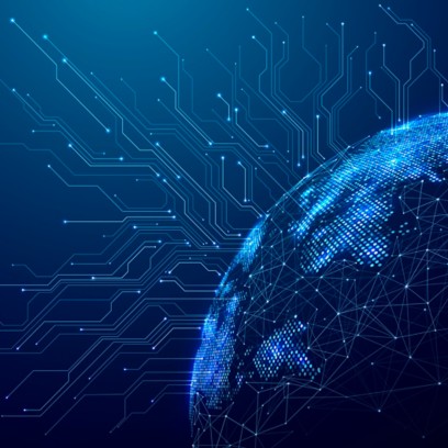 Illustrazione di un globo digitale con connessioni di rete e circuiti elettronici, che rappresenta innovazione, connettività e tecnologie avanzate.