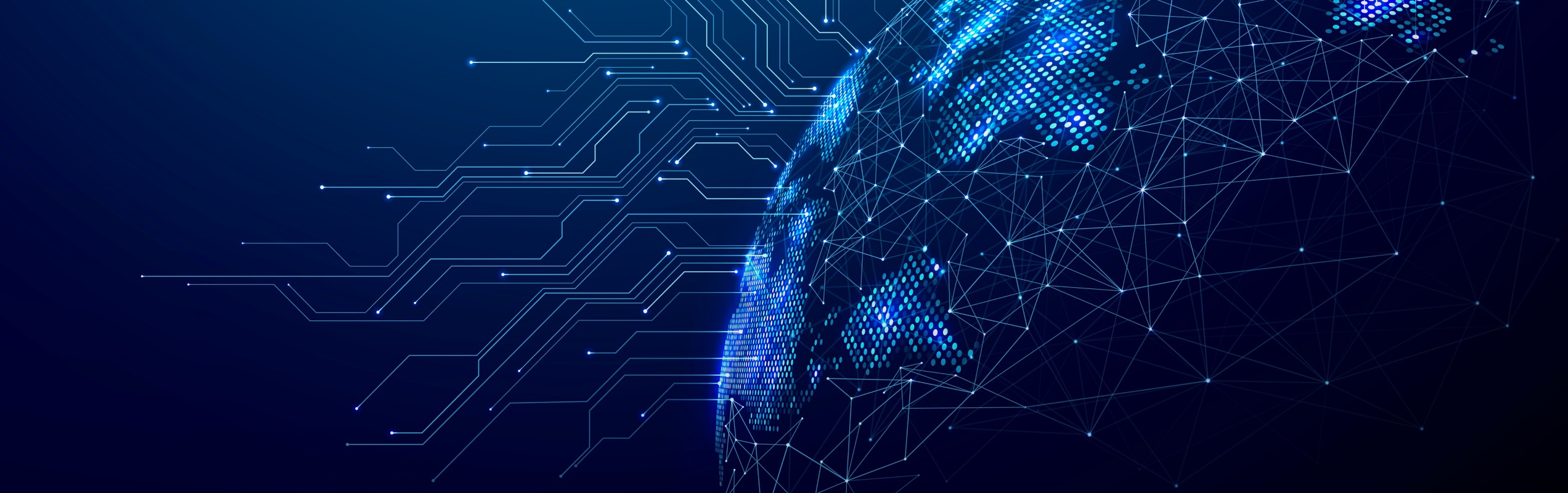 Illustrazione di un globo digitale con connessioni di rete e circuiti elettronici, che rappresenta innovazione, connettività e tecnologie avanzate.