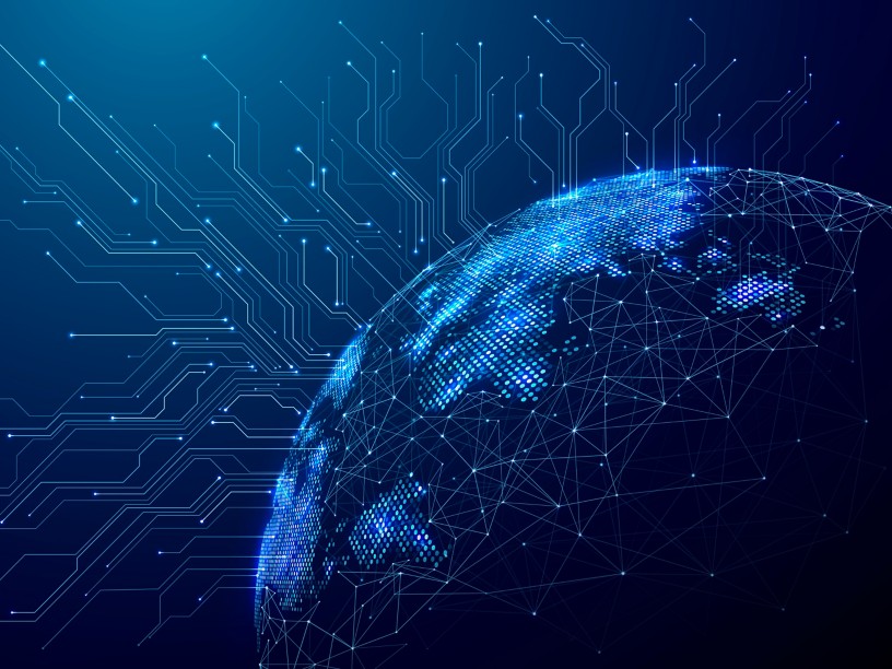 Illustrazione di un globo digitale con connessioni di rete e circuiti elettronici, che rappresenta innovazione, connettività e tecnologie avanzate.