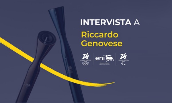 Grafica promozionale con torce stilizzate e testo "Intervista a Riccardo Genovese", loghi Milano Cortina 2026, Eni e simboli olimpici.