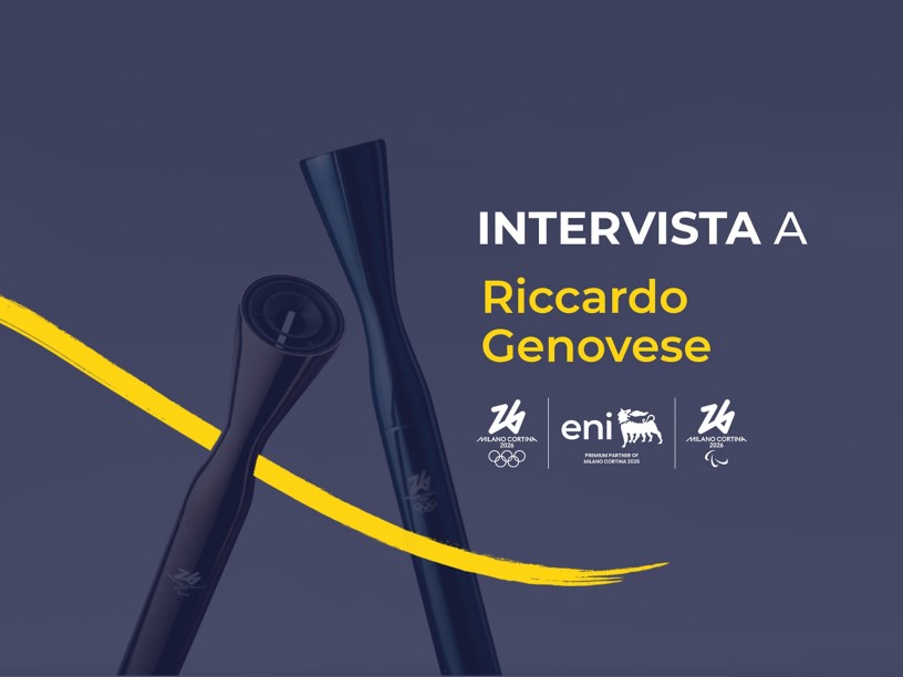 Grafica promozionale con torce stilizzate e testo "Intervista a Riccardo Genovese", loghi Milano Cortina 2026, Eni e simboli olimpici.