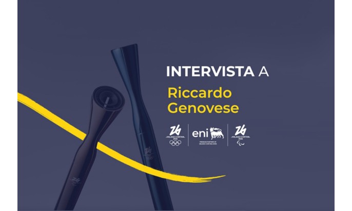 Grafica promozionale con torce stilizzate e testo "Intervista a Riccardo Genovese", loghi Milano Cortina 2026, Eni e simboli olimpici.