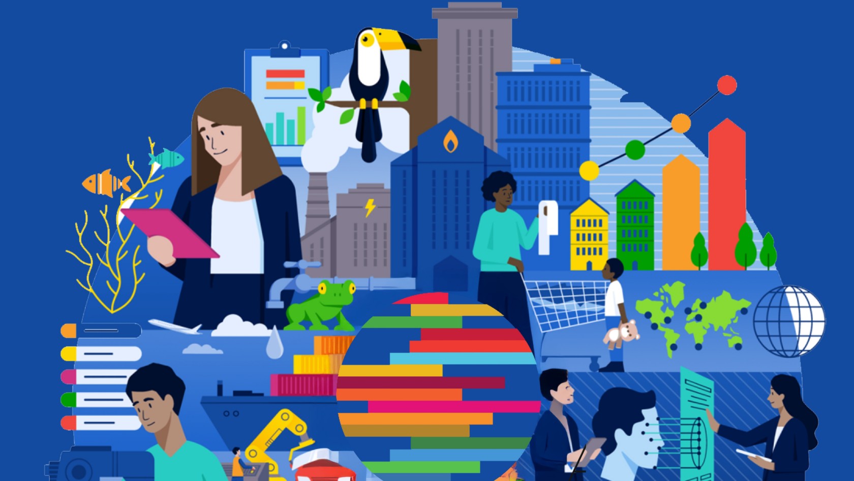 Illustrazione circolare e colorata che rappresenta la società contemporanea: persone che lavorano con dati, tecnologia e ricerca, edifici urbani, grafici, energie rinnovabili, agricoltura, biodiversità e cooperazione globale, a simboleggiare innovazione, sostenibilità e sviluppo umano.