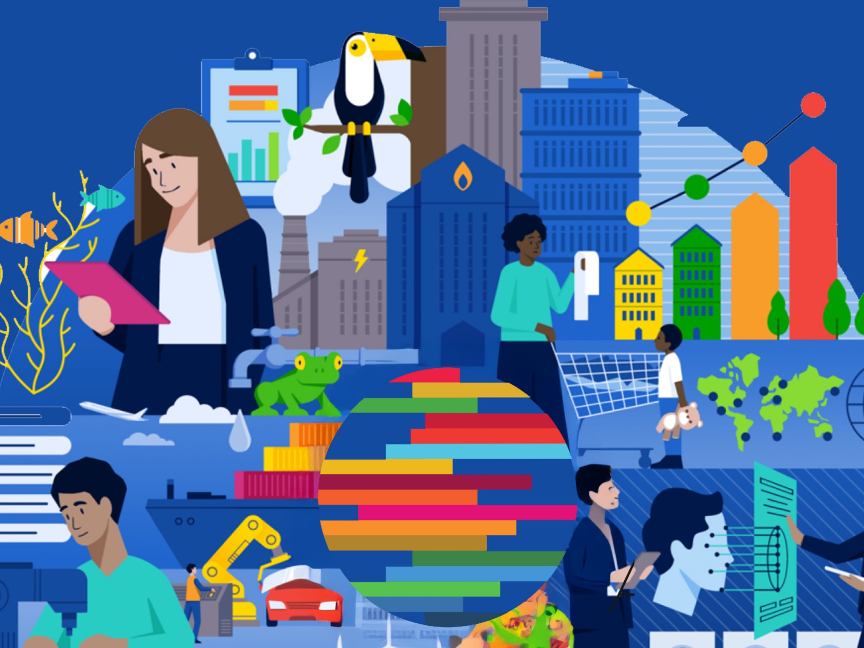 Illustrazione circolare e colorata che rappresenta la società contemporanea: persone che lavorano con dati, tecnologia e ricerca, edifici urbani, grafici, energie rinnovabili, agricoltura, biodiversità e cooperazione globale, a simboleggiare innovazione, sostenibilità e sviluppo umano.