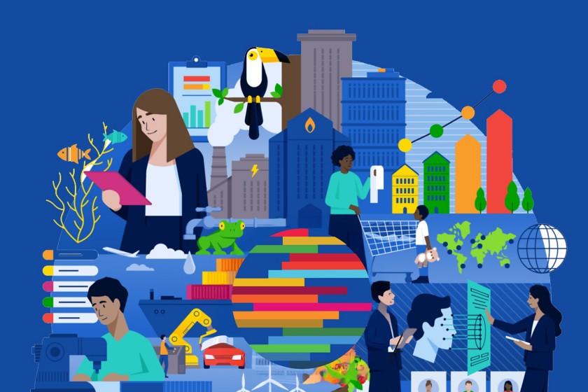 Illustrazione circolare e colorata che rappresenta la società contemporanea: persone che lavorano con dati, tecnologia e ricerca, edifici urbani, grafici, energie rinnovabili, agricoltura, biodiversità e cooperazione globale, a simboleggiare innovazione, sostenibilità e sviluppo umano.