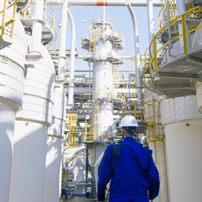 Worker walks with his back towards the plant