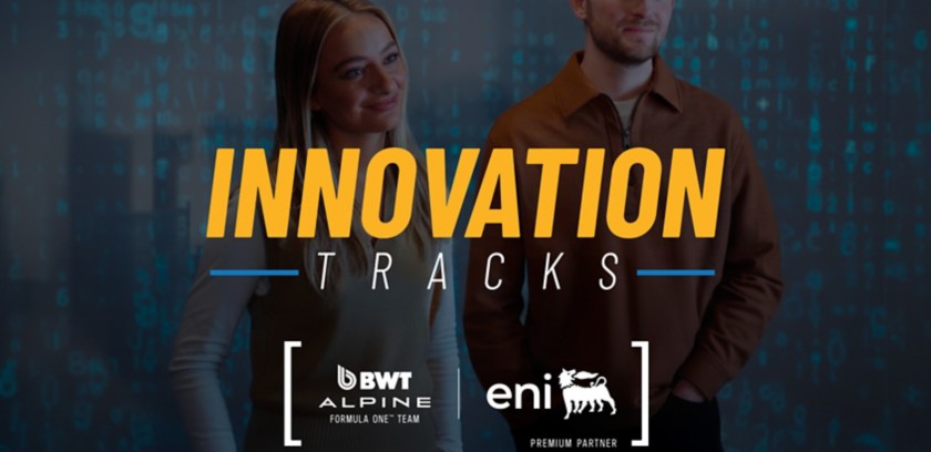 Image of two young adults looking to the right, standing in front of a blue digital background filled with numbers and symbols. The title “Innovation Tracks” appears in yellow at the center, with the BWT Alpine F1 Team and Eni Premium Partner logos below.