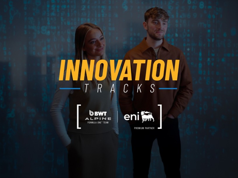 Image of two young adults looking to the right, standing in front of a blue digital background filled with numbers and symbols. The title “Innovation Tracks” appears in yellow at the center, with the BWT Alpine F1 Team and Eni Premium Partner logos below.
