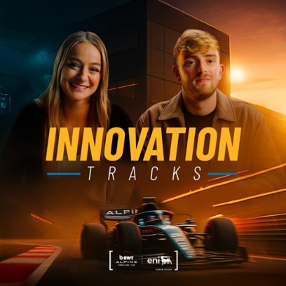 Two people in the foreground stand before a modern building with the "eni" logo. In the background, a Formula 1 car speeds through a sunset. Central text: "INNOVATION TRACKS". BWT Alpine F1 Team and eni logos appear below.