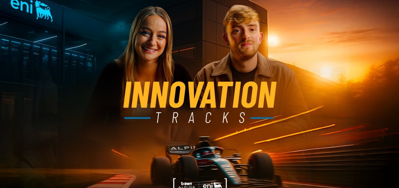 Due persone in primo piano davanti a un edificio moderno con il logo "eni". Sullo sfondo, un'auto di Formula 1 sfreccia al tramonto. Testo centrale: "INNOVATION TRACKS". Loghi di BWT Alpine F1 Team e eni in basso.