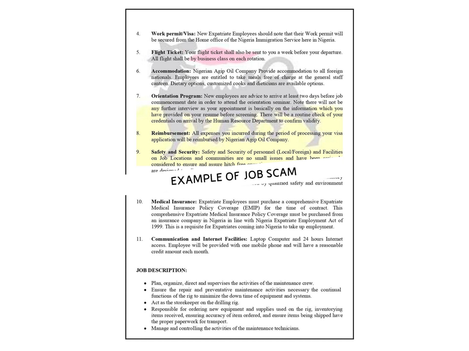 Example of a job scam: fake job offer headed Nigerian Agip Oil Company for a maintenance supervisor in Nigeria.