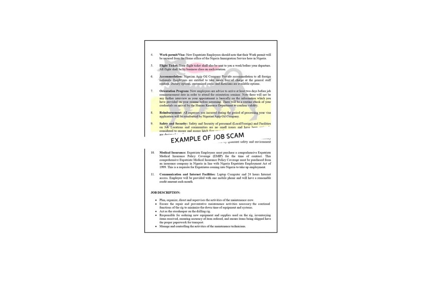 Example of a job scam: fake job offer headed Nigerian Agip Oil Company for a maintenance supervisor in Nigeria.