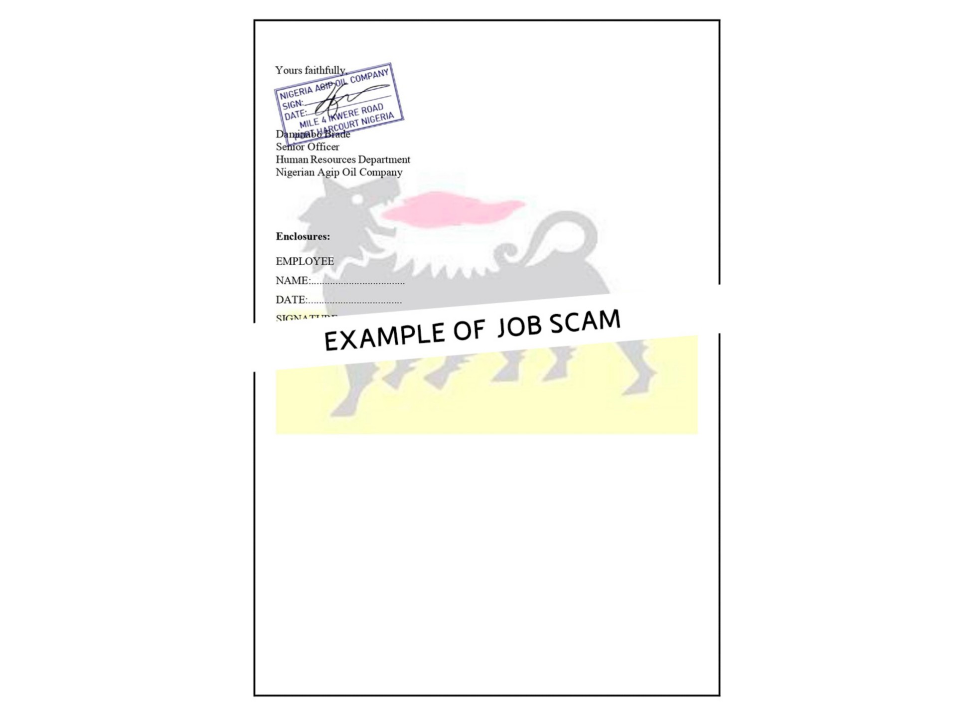 Example of a job scam: fake job offer headed Nigerian Agip Oil Company for a maintenance supervisor in Nigeria.