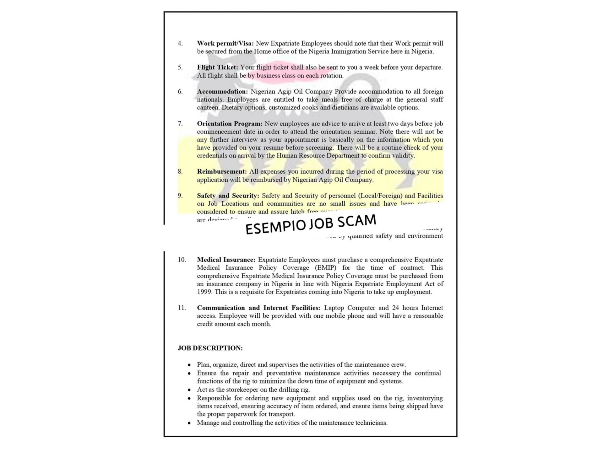 Esempio di job scam: falsa offerta di lavoro con intestazione Nigerian Agip Oil Company per un supervisore della manutenzione in Nigeria.