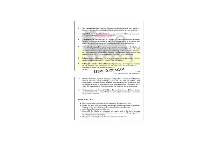 Esempio di job scam: falsa offerta di lavoro con intestazione Nigerian Agip Oil Company per un supervisore della manutenzione in Nigeria.