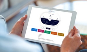 Hands holding an iPad displaying the graphic of the business model