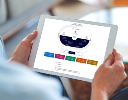 Hands holding an iPad displaying the graphic of the business model