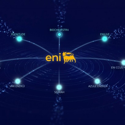 Grafica digitale blu con il logo Eni al centro, collegato da linee luminose a diverse società e aree energetiche.