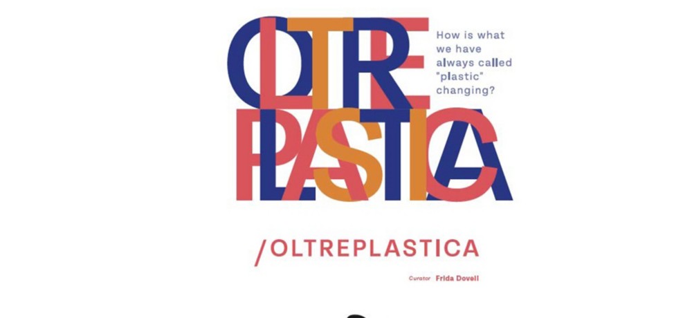 Artistic poster with colorful “OLTREPLASTICA” text, question about plastic’s future, ADI Design Museum logo.