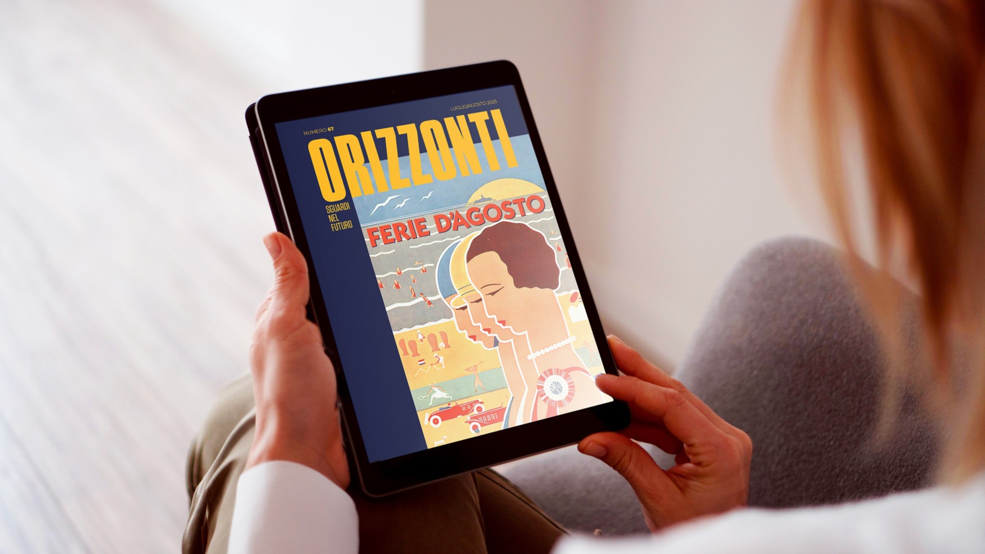 Copertina della rivista "ORIZZONTI", luglio/agosto 2025. Illustrazione stilizzata di una donna con collana di perle e sfondo balneare.