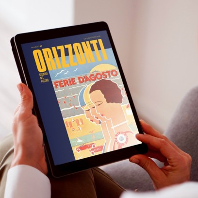 Copertina della rivista "ORIZZONTI", luglio/agosto 2025. Illustrazione stilizzata di una donna con collana di perle e sfondo balneare.