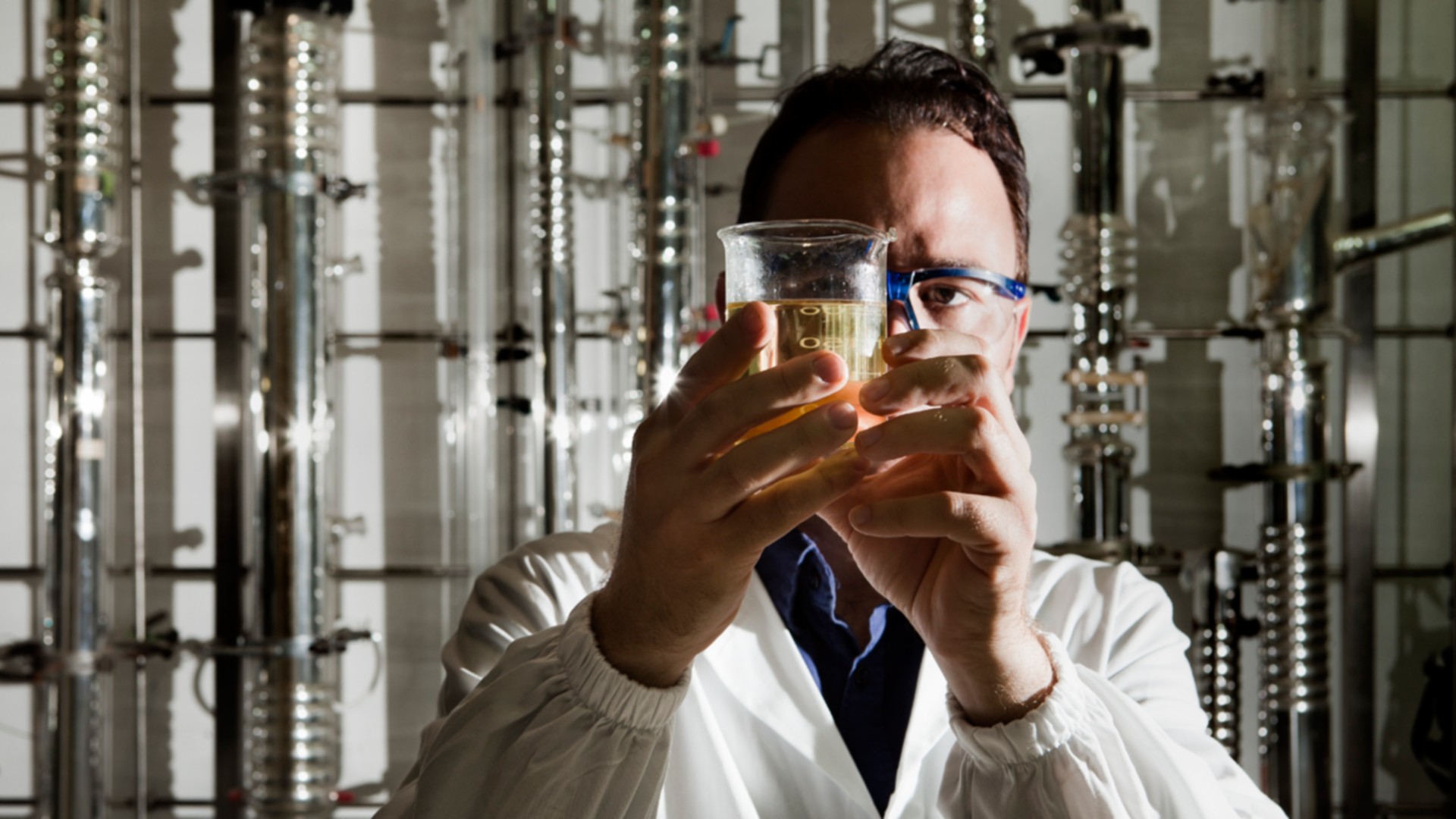 Scientist looks at test tube