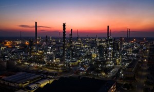 drone image of the Sannazzaro refinery at sunset