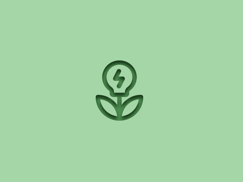 Icona stilizzata di una pianta con due foglie e un bulbo sopra, contenente un simbolo di fulmine, su sfondo verde chiaro. Rappresenta il concetto di energia sostenibile o bioenergia.