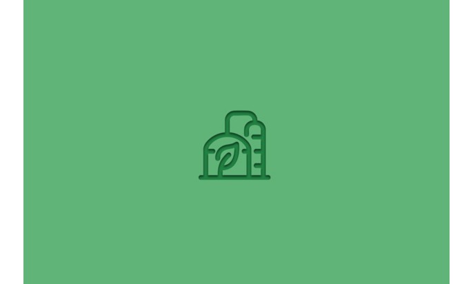 Icona stilizzata di un impianto industriale con due strutture cilindriche, una delle quali presenta una foglia al centro, su sfondo verde. Rappresenta il concetto di produzione di biometano o energia rinnovabile.