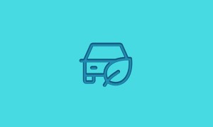 Stylized icon of a car with an overlapping leaf, symbolizing sustainable mobility, on a light blue background