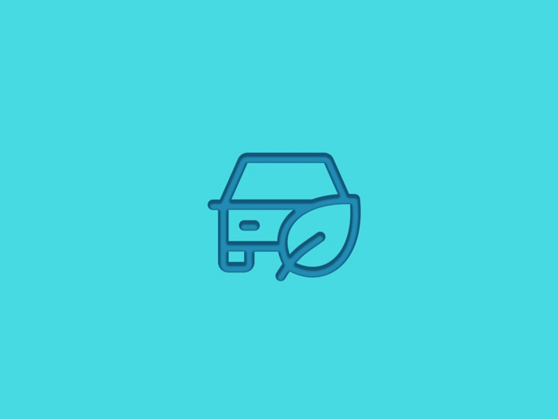 Stylized icon of a car with an overlapping leaf, symbolizing sustainable mobility, on a light blue background
