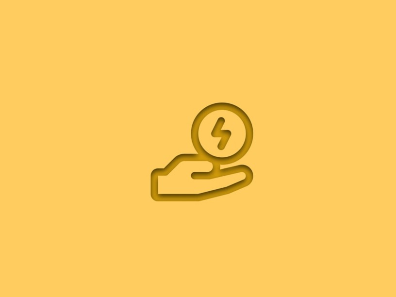 Stylized icon of a hand holding a coin with an energy symbol, on an ochre yellow background.