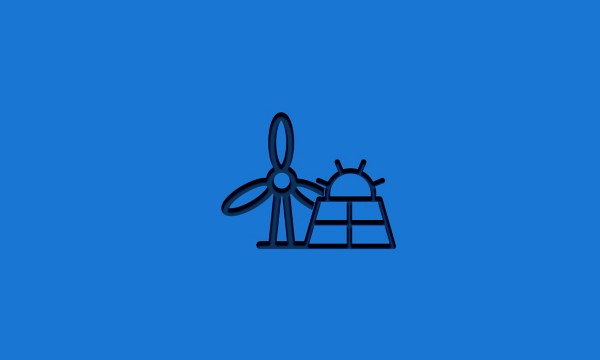 Stylized icon featuring a wind turbine and a solar panel with the sun above, set against a blue background. Represents the concept of energy transition to renewable sources.