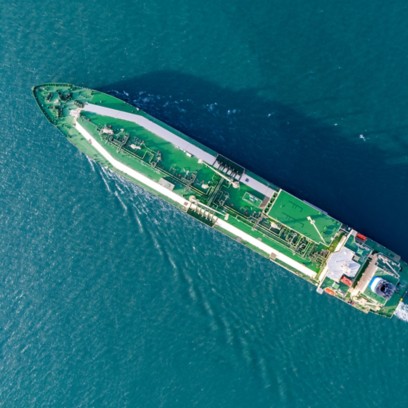 Ship at sea transporting LNG, seen from above