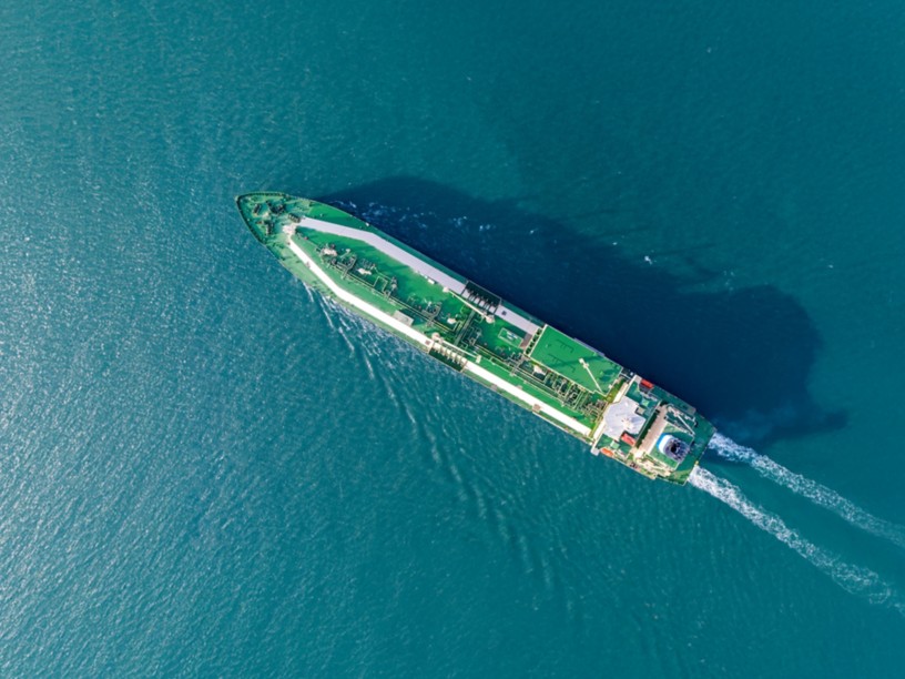Ship at sea transporting LNG, seen from above