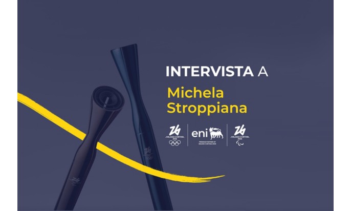 Grafica promozionale con torce stilizzate e testo "Intervista a Michela Stroppiana", loghi Milano Cortina 2026, Eni e simboli olimpici.